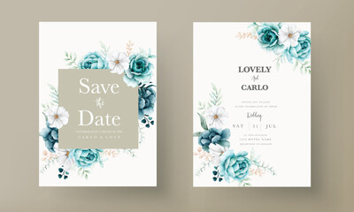 elegant watercolor invitation card with tosca flower and leaves
