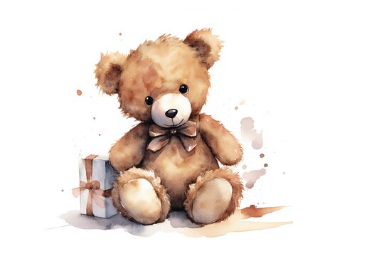 Watercolor cute teddy bear clip art on white background Generative AI