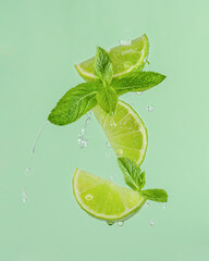 Slices of fresh ripe lime citrus fruit of sour taste levitating with organic mint leaves with pouring water drops against green background which are ingredients of refreshing mojito summer cocktail  © Elena