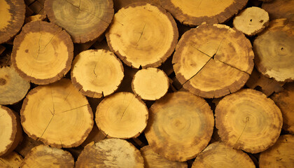 Abstract photo of a pile of natural wooden logs wall as background, top view. Logs are stacked in rows. Wood cut texture background. Generative AI