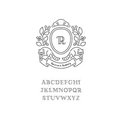 Raccoon, berry and Croissant, thin line vector crest bakery icon illustration.