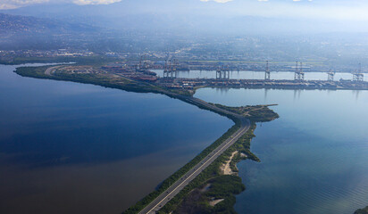 Aerial of the Kingston Wharf, Palisadoes airport road  in Kingston Jamaica