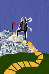 Naklejka premium Vertical collage of mini black white effect girl climb stand mountain top destination flag shrug shoulders isolated on painted background
