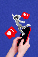 Collage graphics of carefree lady getting instagram twitter telegram facebook likes isolated blue...