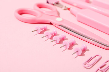 Stationary on colorful background, flat lay composition