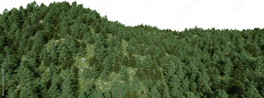 Poster realistic mountain with forest. 3d rendering of isolated objects.