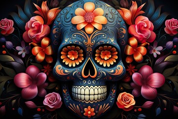 Fototapeta premium Masque Dia de los Muertos avec des fleurs comme fond, Generative IA