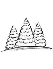 black outline of snow-covered Christmas trees on a white background