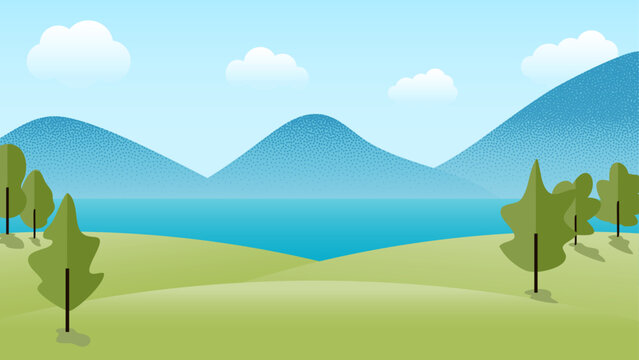 Empty space background, landscape view of hills on the edge of the lake and rows of mountains in the distance. Simple cartoon illustration for family trip and travel, adventure