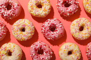 Pink and white donuts on pink background, top view
