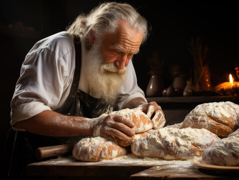 Old Man Preparing Bread Dough On A Wooden Table In A Bakery, Close-up Of Him Kneading The Dough, Making Bread Using A Traditional Recipe, Isolated On A Black Background. Generative AI