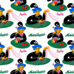 A pattern with a young abstract Italian chef with spaghetti and soup. Modern bright style. The character prepares spaghetti for the juicy design of the menu of a pastry shop, cafe restaurant Packaging