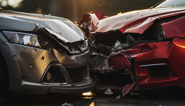 Car crash on highway,auto accident involving two cars on a city street. Traffic collision, cars damaged accident in the city close up
