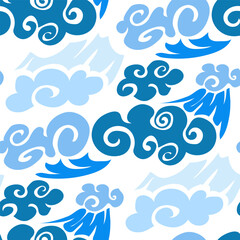 A pattern of blue clouds in Chinese motifs on a white background. Cartoon background, abstract illustration with imitation of Chinese style. Children's background. Printing on textiles and paper