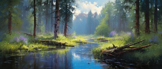 Naklejka na ściany i meble Idyllic forest wetland on a sunrise misty morning with distant rain clouds, early autumn picturesque woodland landscape with conifer pine trees next to shallow river stream - generative AI