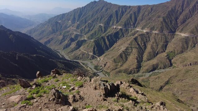 Al Bahah, Saudi Arabia: Tilt up footage of the famous mountain road near Al Bahah in the Hijaz mountains in the middle east