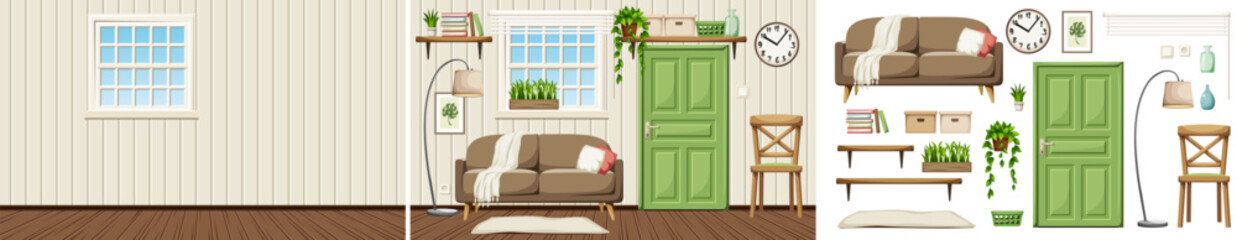 Naklejka premium Cozy living room interior with a sofa, a chair, a floor lamp, and houseplants. Empty room and furniture set. Interior constructor. Cartoon vector illustration