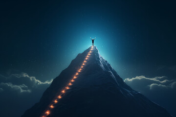 Path of person success on mountains. Mountain climbing progress route to peak. Business journey. Generative AI.
