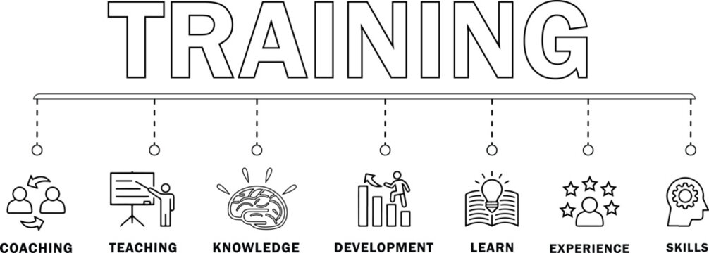 Training banner web icon vector illustration concept for education with icon: coaching, teaching, knowledge, development, learning, experience, and skills. black and white color.