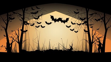 Spooky black bats group. Halloween night starry sky with silhouettes of flying bats. AI illustration..