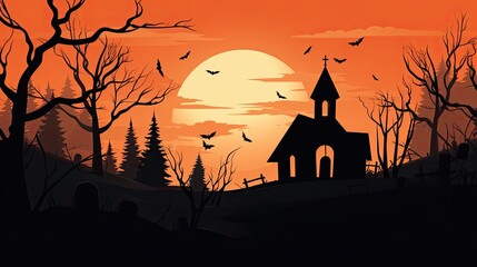 Happy Halloween poster with abstract houses silhouettes on landscape and big moon on the sky. Halloween night concept. AI illustration. For wallpaper, flyer, etc.