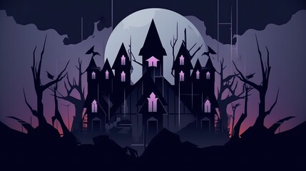 Happy Halloween poster with abstract houses silhouettes on landscape and big moon on the sky. Halloween night concept. AI illustration. For wallpaper, flyer, etc.