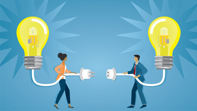 Banner, connecting ideas, research and development. A man and a woman connecting their lightbulbs with shiny ideas. Teamwork, cooperation, supervision. Vector illustration. Dimension 16:9. 