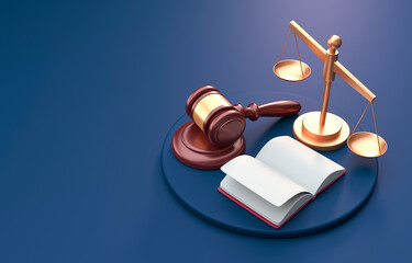 Judgment Gavel, Justice Scale and a Book. 3D Illustration
