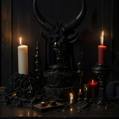 Magical composition with the head of a horned Demon. Candle and other ritual accessories