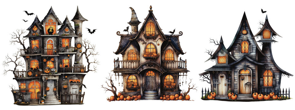 Halloween haunted house Spooky Night watercolor style isolated on white background, Halloween dark house pumpkins watercolor png illustration