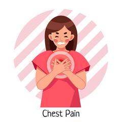 A sick woman feels pain in her chest. Heart attack or heart disease. Vector medical illustration in cartoon style, isolated on a white background