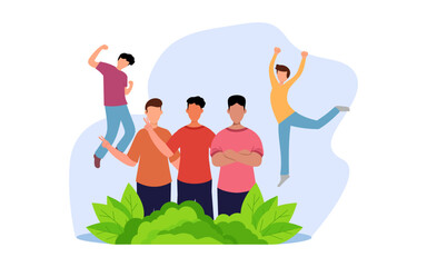 International Youth Day Celebration, Friendly team, cooperation, friendship, Card with colorful crowd people