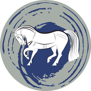 Black and white graceful saddled standing horse. Elegant mustang on abstract gray and blue spot background. Stallion silhouette. Equestrian outline. Steed logo for stables, farms, racing. Wild animal.