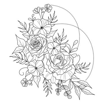 Vector black and white outline simple illustration of rose flowers. Bouquet of flowers for tattoos and for the body. Coloring book antistress.