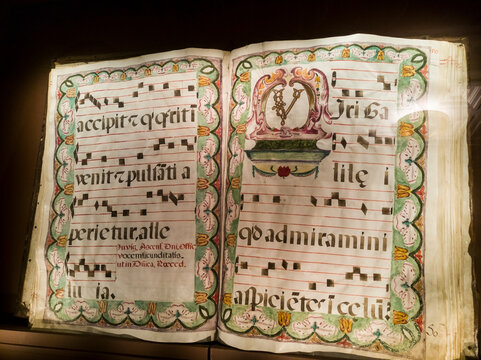 ancient latin book ,old illustrated book of Gregorian chant books, Monastery of Santa Mar&iacute;a la Real de N&aacute;jera, La Rioja, Spain,