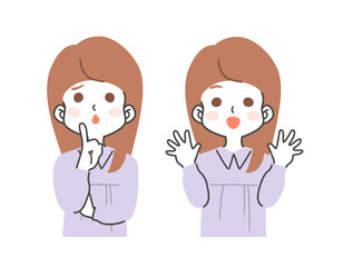 若い女性の悩む・困る表情と笑顔のイラスト素材セット