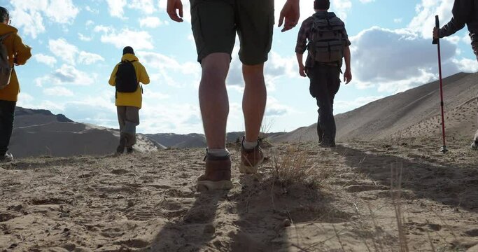 Group of tourists walk in wilderness area on way to mountains back view. Active stepping path, travel hike in expedition tour slow motion