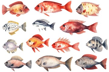 Fototapeta premium Watercolor fish clip art on white background Generative AI