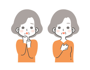 シニア、高齢女性の悩む・困る表情と笑顔のイラスト素材セット