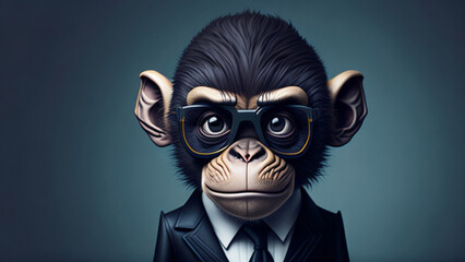Cartoon monkey in business suit and glasses on dark background.