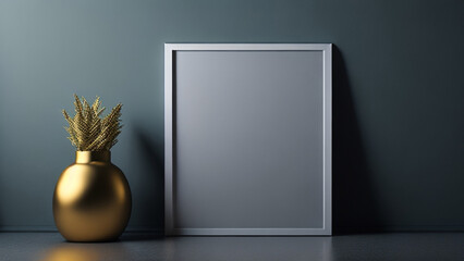 Minimalist interior with a golden vase and a white frame. 3d rendering mock up.