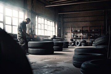 Naklejka na ściany i meble Mechanic service is changing new tires and wheels. on the garage background