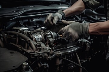 Obraz na płótnie Canvas Auto mechanic working on car broken engine in mechanics service or garage. Transport maintenance wrench detial
