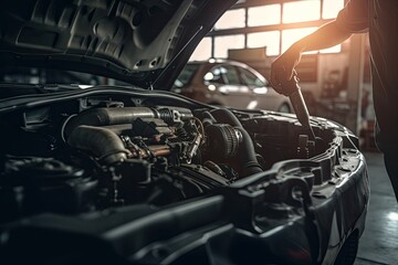 Auto mechanic working on car broken engine in mechanics service or garage. Transport maintenance wrench detial
