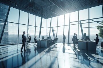 business people discussing business in the office view from outside the building