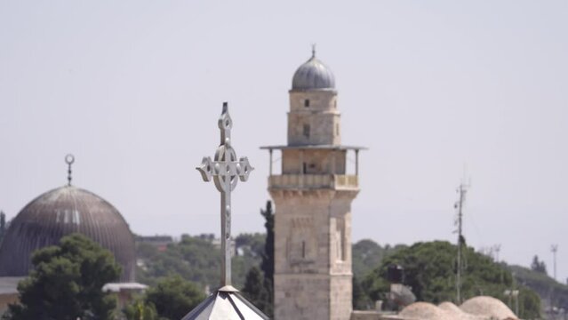 Cross On Top Of Church, Muslim Minaret And Iconic Al-Aqsa, Qibli Mosque Crescent