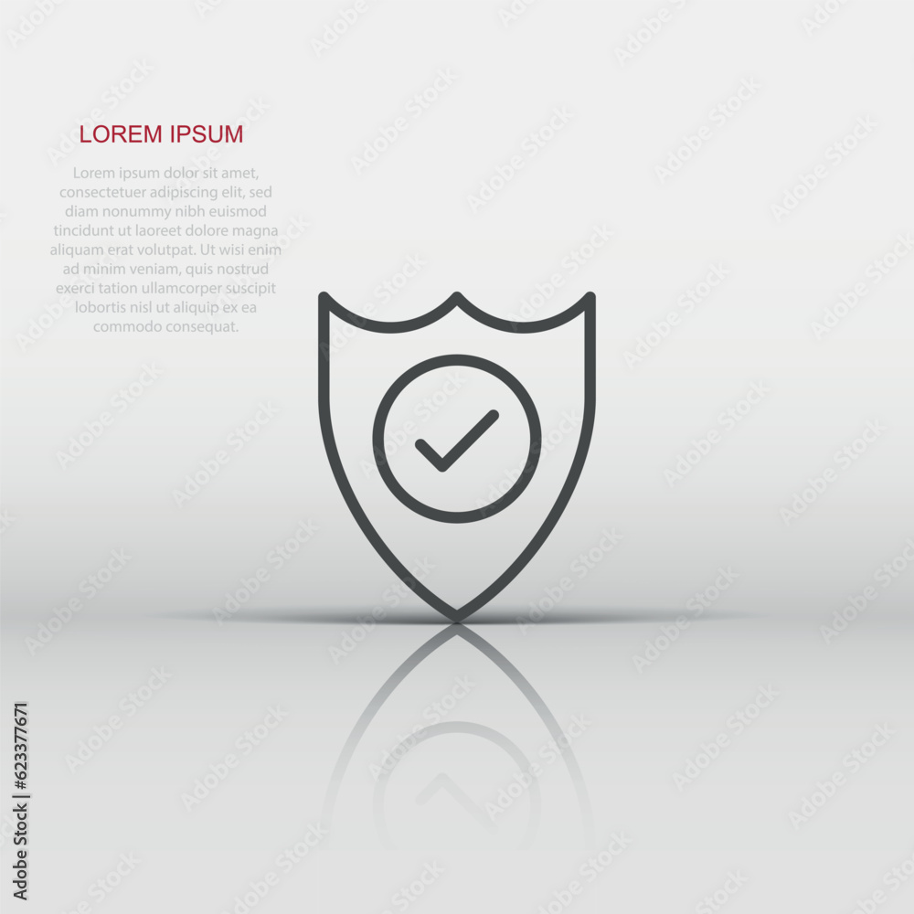 Poster shield with check mark icon in flat style. protect vector illustration on white isolated background.