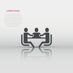 People with table icon in flat style. Teamwork conference vector illustration on white isolated background. Speaker dialog business concept.