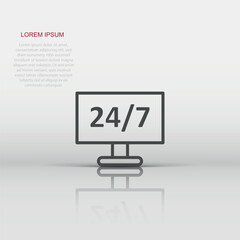 24/7 computer icon in flat style. All day service vector illustration on white isolated background. Support business concept.
