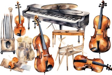 Fototapeta premium Watercolor music instruments clip art on white background Generative AI